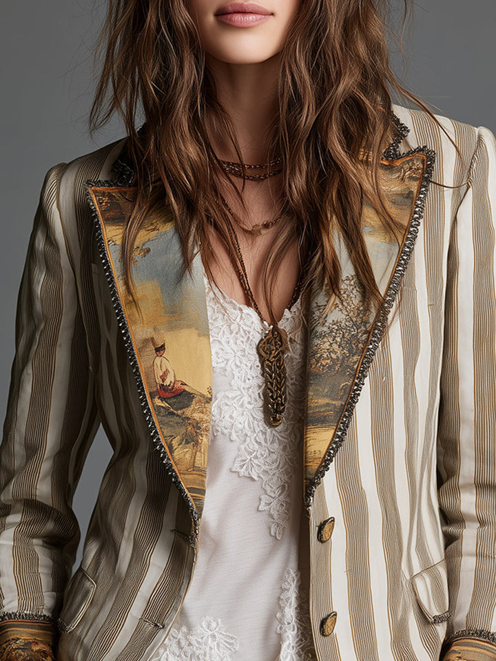 Wendy - Women’s Boho Striped Printed Lapel Blazer