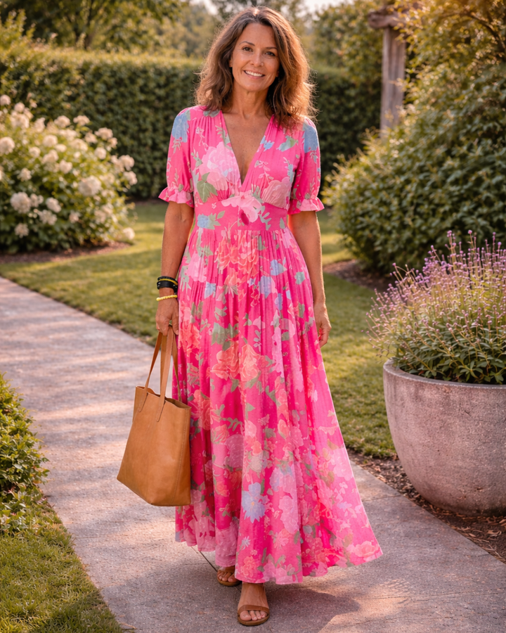 Ione | Short Sleeve V Neck Floral Midi Dress