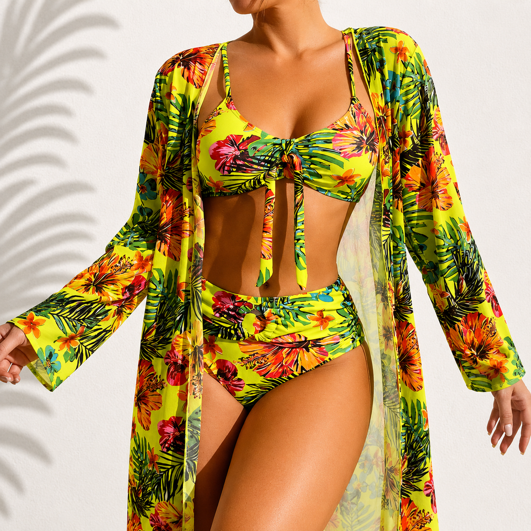 Marie | Elegant Tropical 3-Piece Bikini Set