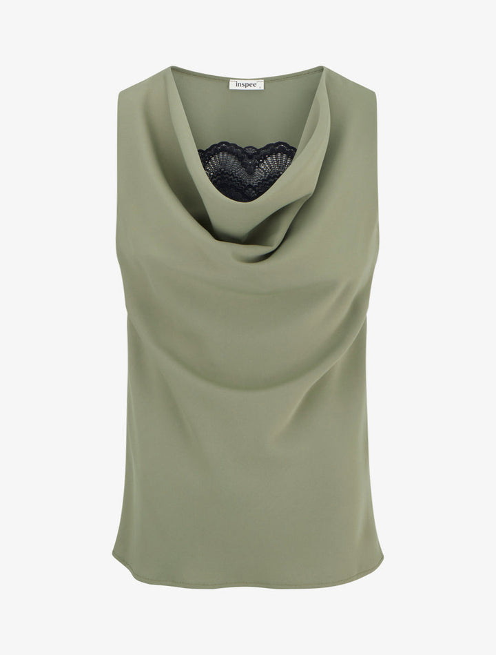 Sleeveless Cowl Neck Top with Lace Trim - Kaki
