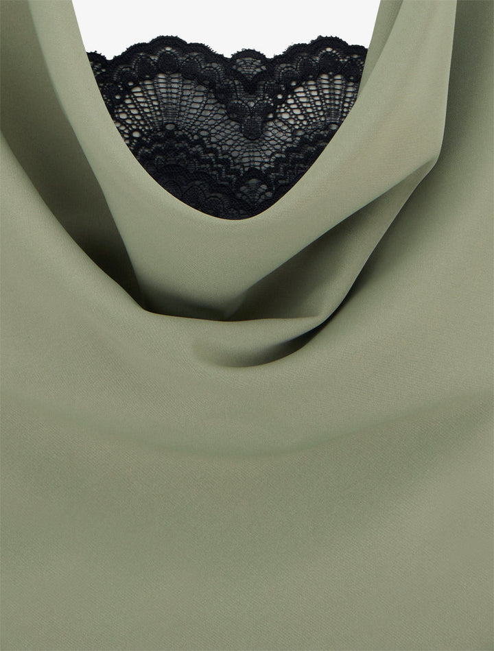 Sleeveless Cowl Neck Top with Lace Trim - Kaki